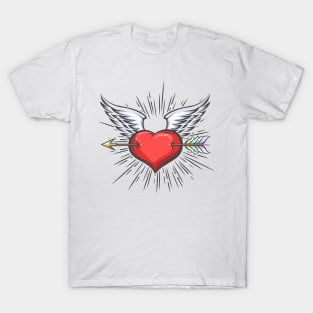 Heart with Wings pierced by Arrow Tattoo in retro style. T-Shirt